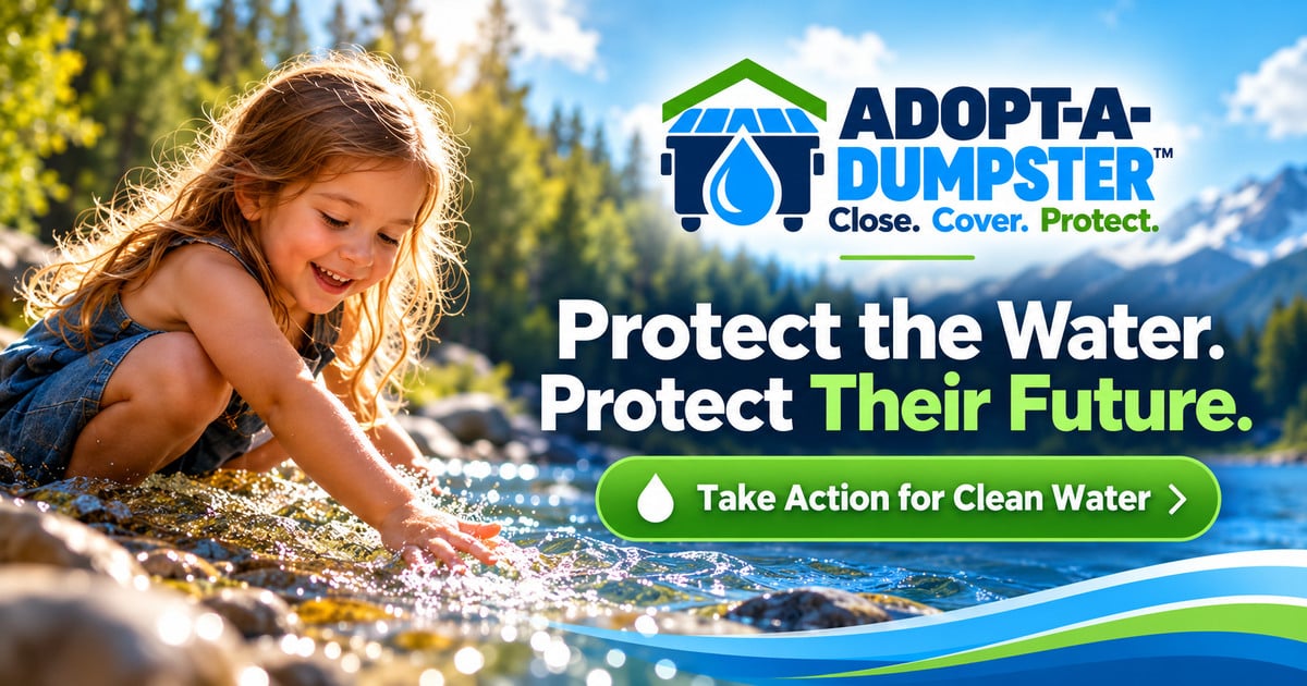A smiling child touching a sunlit stream beside Adopt-A-Dumpster's message: Protect the Water. Protect Their Future. Take Action for Clean Water.