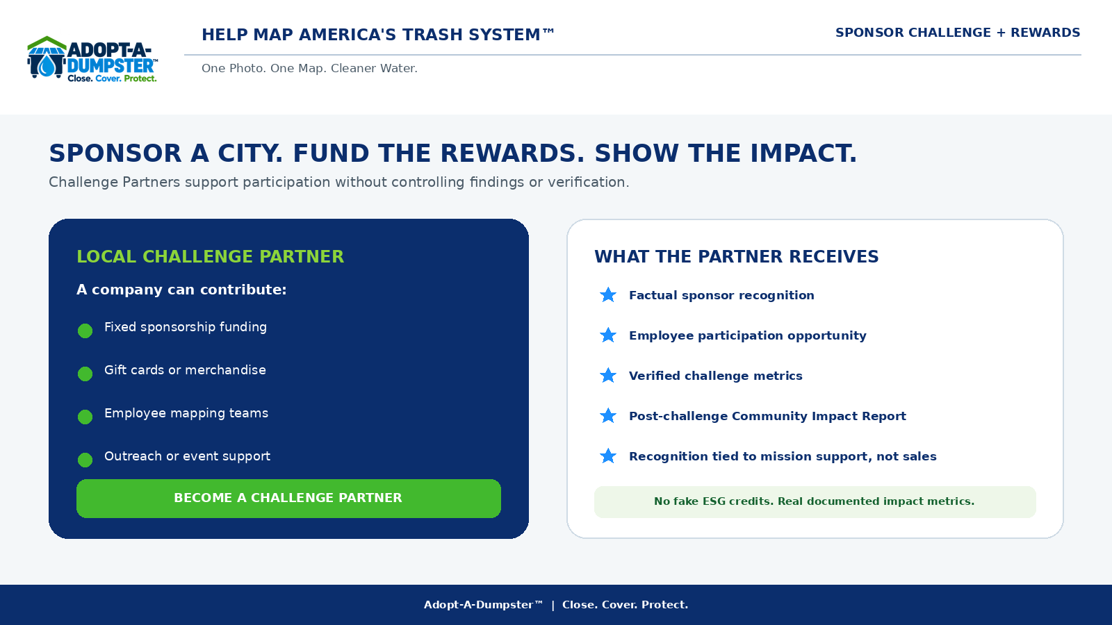 Adopt-A-Dumpster™ challenge partner graphic explaining sponsor-funded community rewards and impact reporting.