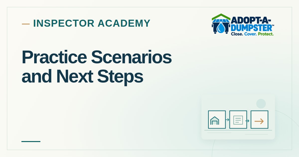 Adopt-A-Dumpster Inspector Academy cover for Practice Scenarios and Next Steps