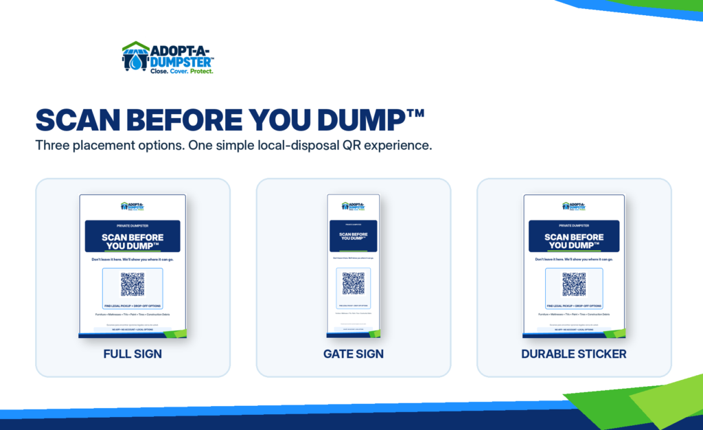 Scan Before You Dump full enclosure sign, gate sign and durable sticker formats