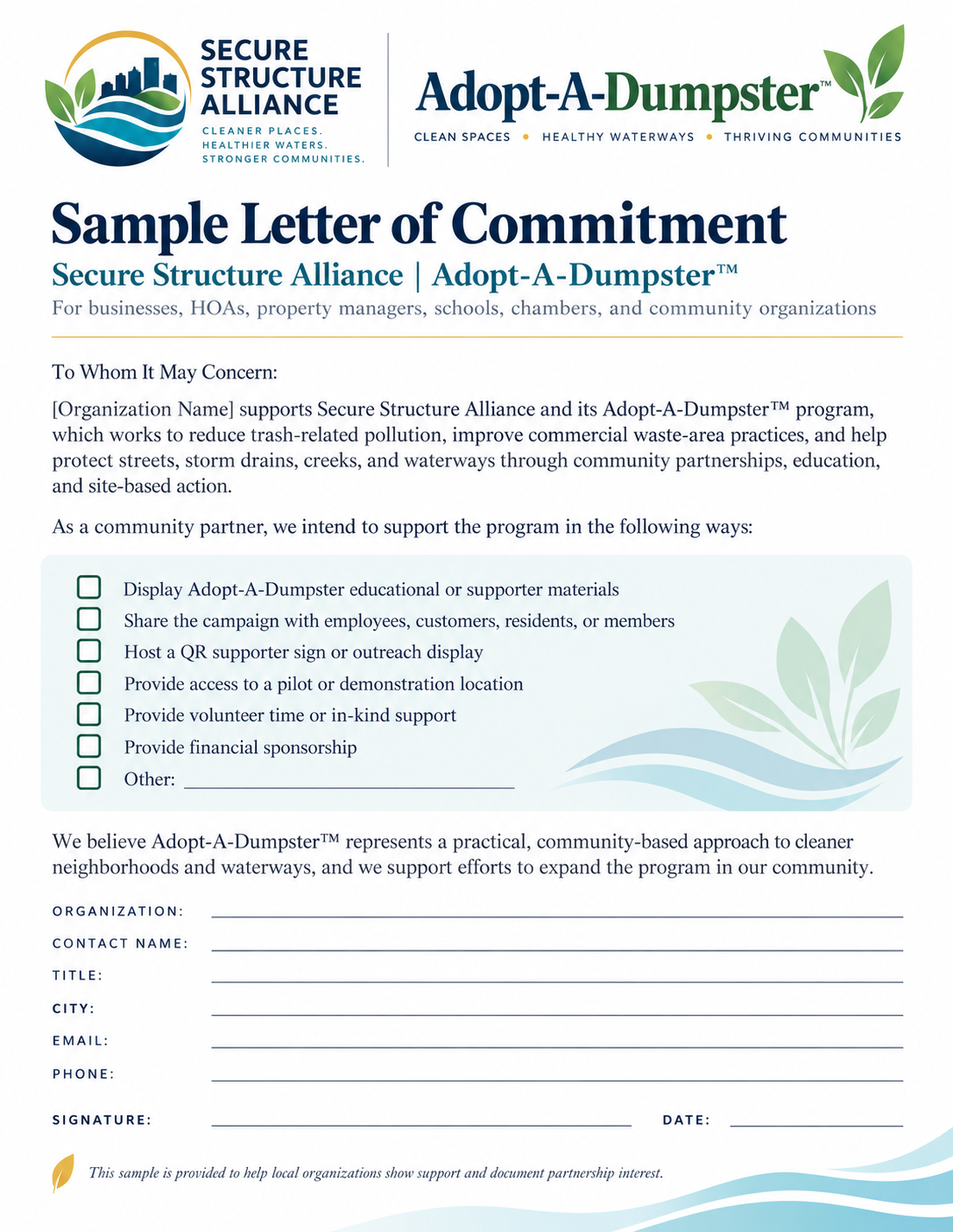 Sample Letter of Commitment artwork for Adopt-A-Dumpster™