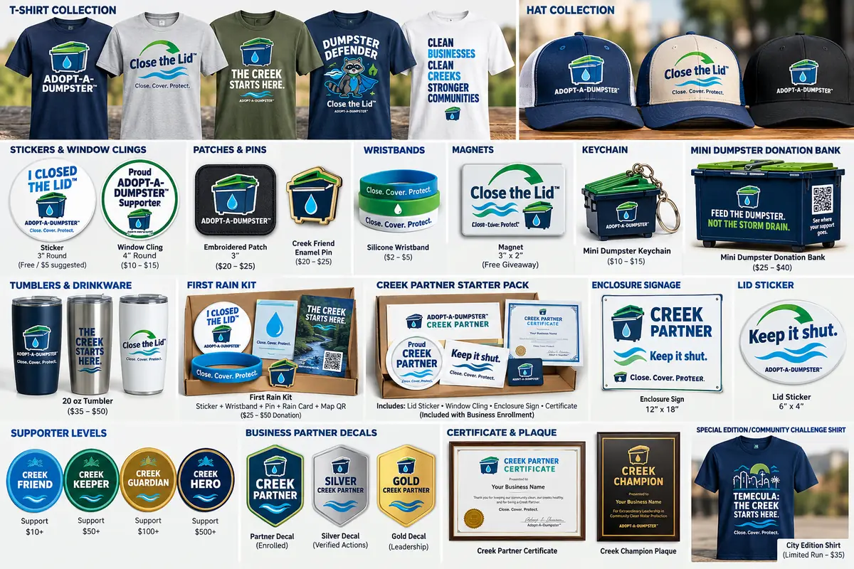 Approved Adopt-A-Dumpster™ merchandise catalog preview