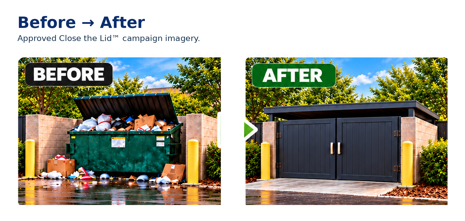 Illustrative before and after dumpster enclosure improvement