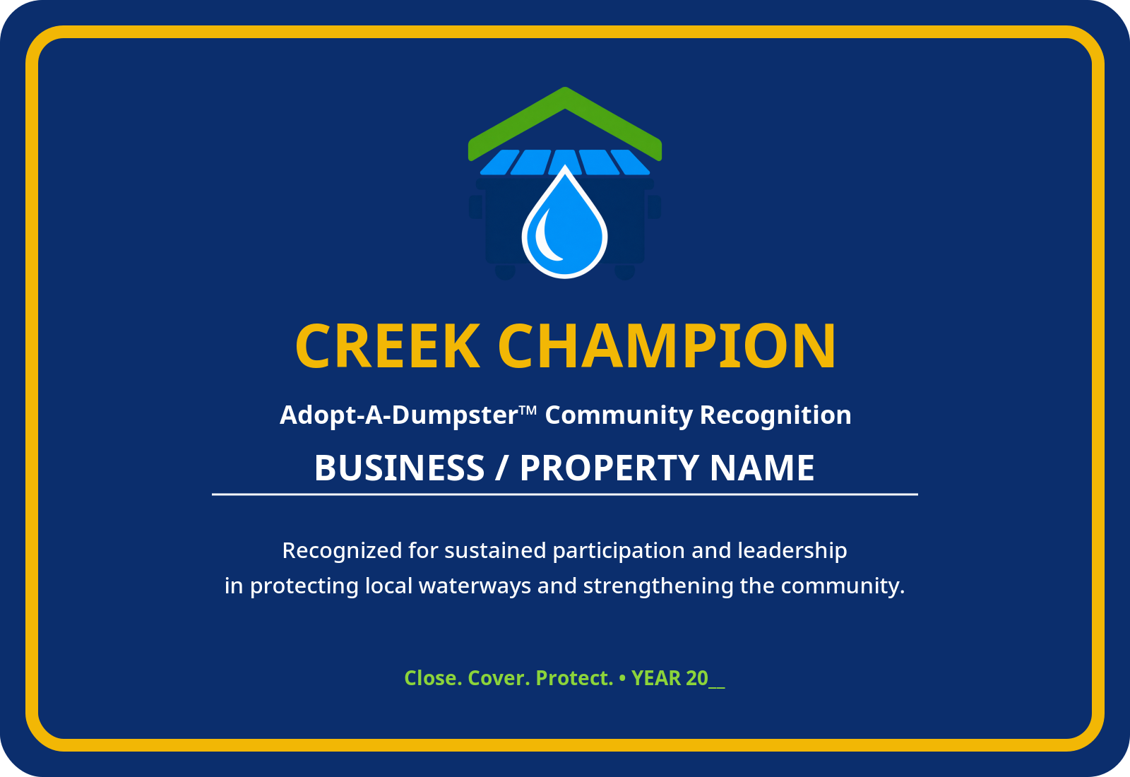 Creek Champion recognition plaque