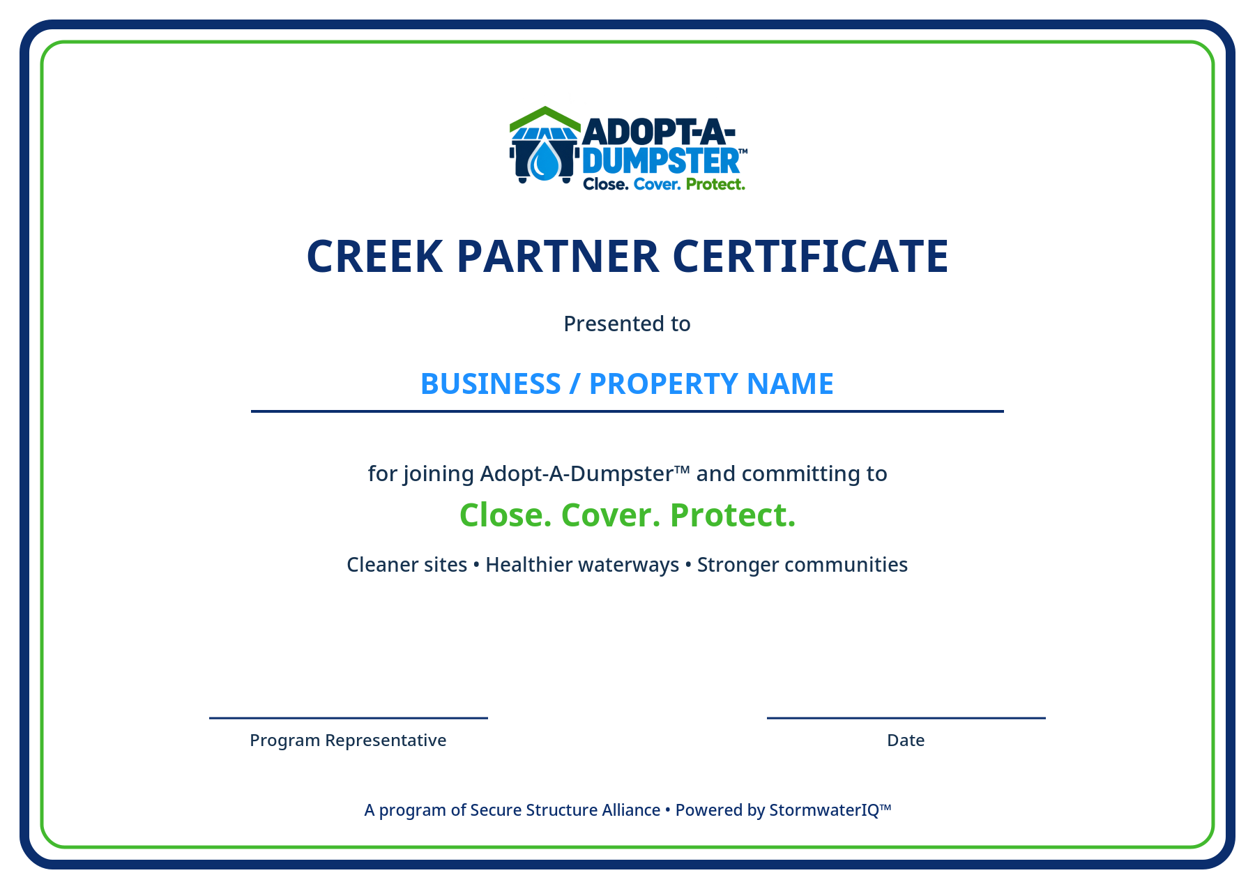 Illustrative Adopt-A-Dumpster™ Creek Partner certificate