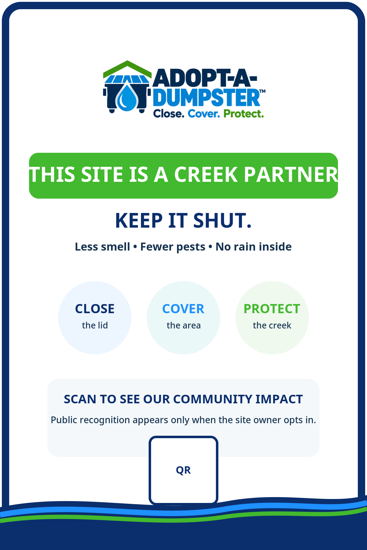 Illustrative Adopt-A-Dumpster™ community partner enclosure sign